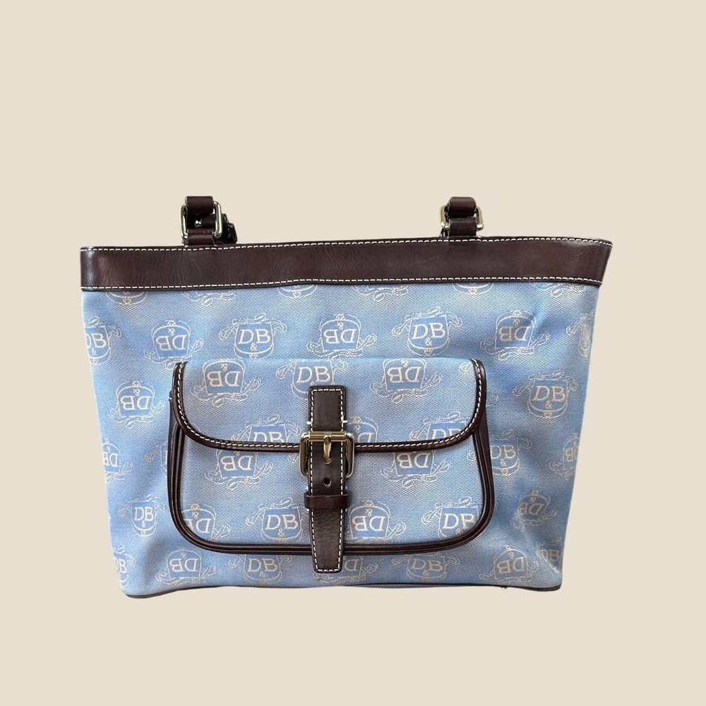 Dooney & Bourke Signature Crest Tote Medium Blue Brown Good Preppy Jacquard Bag